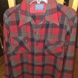 Vintage Pendleton Men's Red and Gray Plaid Shirt, 100% Virgin Wool, Size S